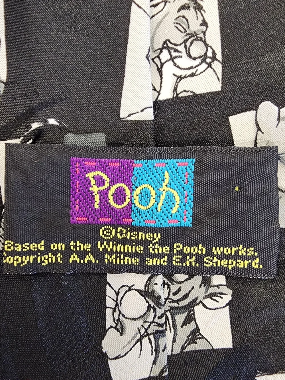 Vintage Disney Winnie the Pooh Black Graphic Sketch Necktie / Silk Tie